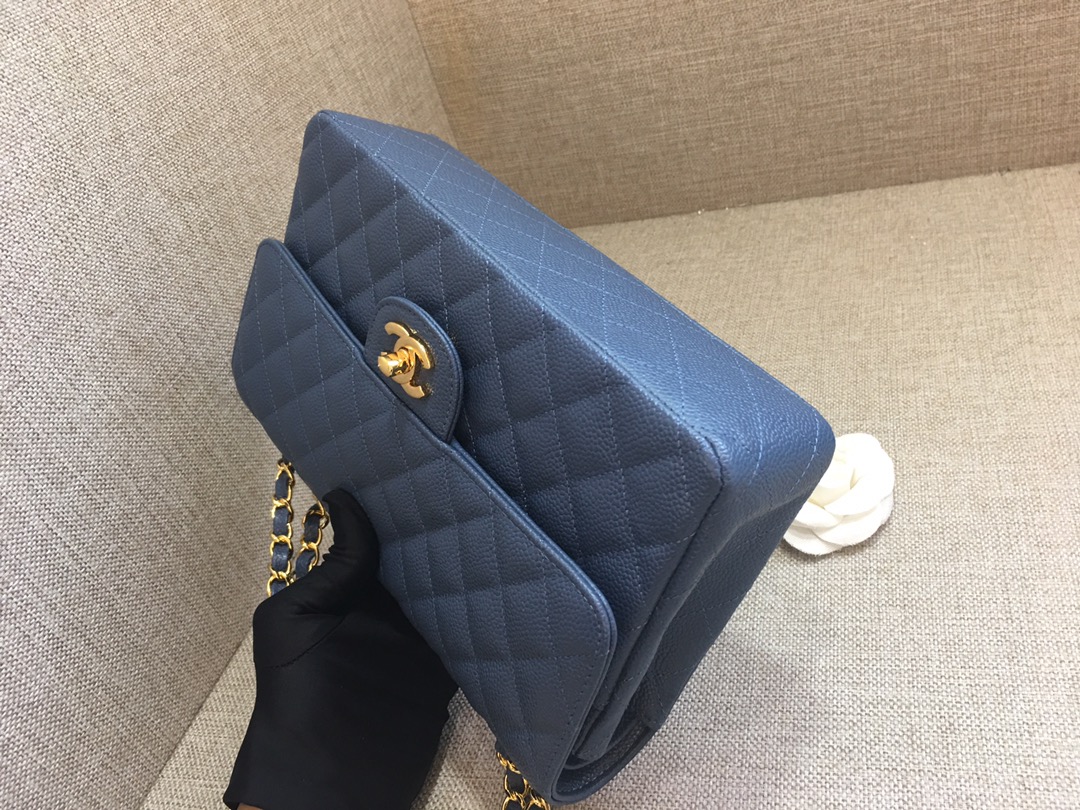 Medium Classic Flap Caviar Bag A01112 Dark Blue/Gold